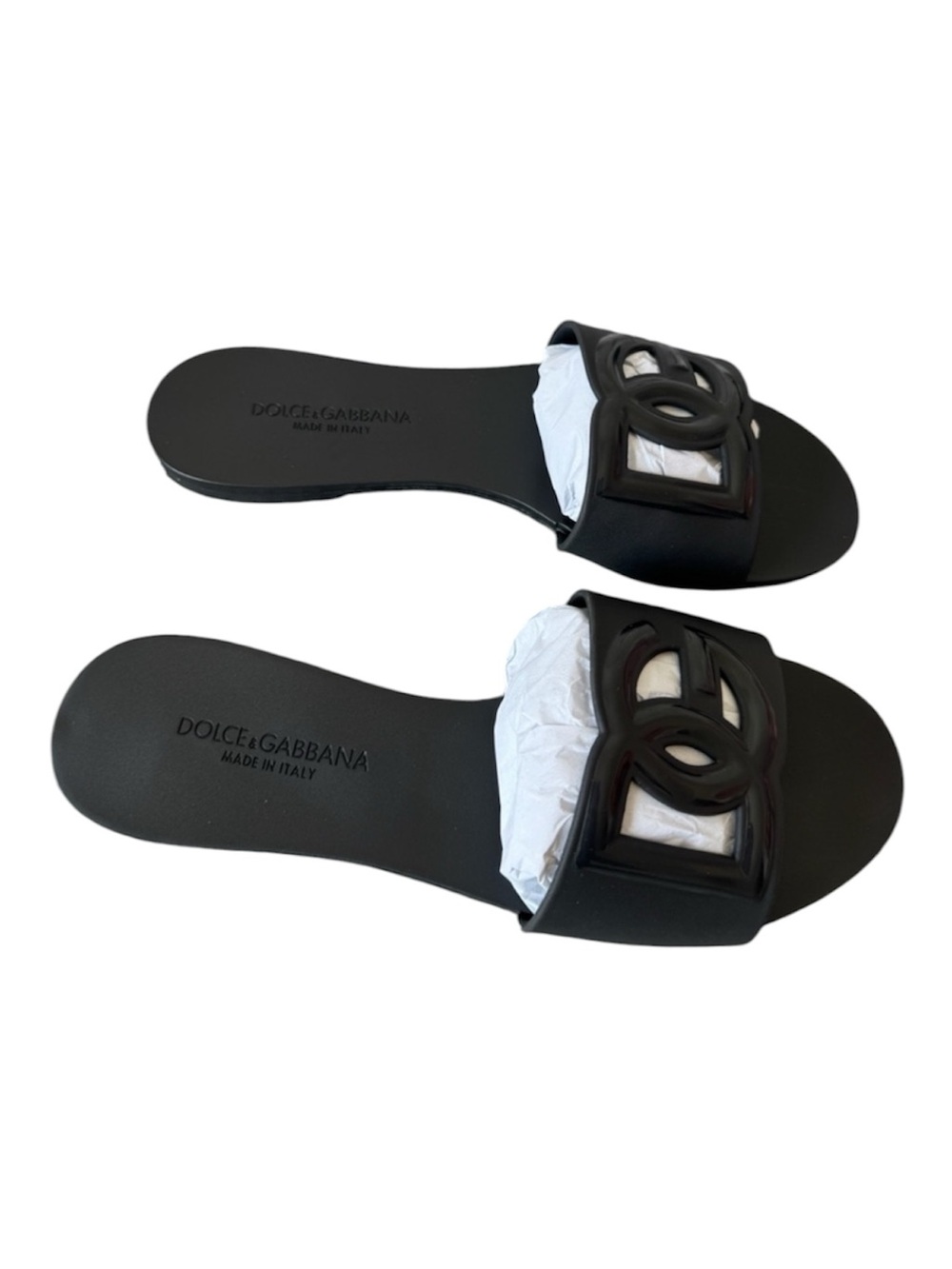 Dolce & Gabbana Bianca Black Leather DG Logo Calfskin Slides Sandals 37 NEW - Picture 7 of 9